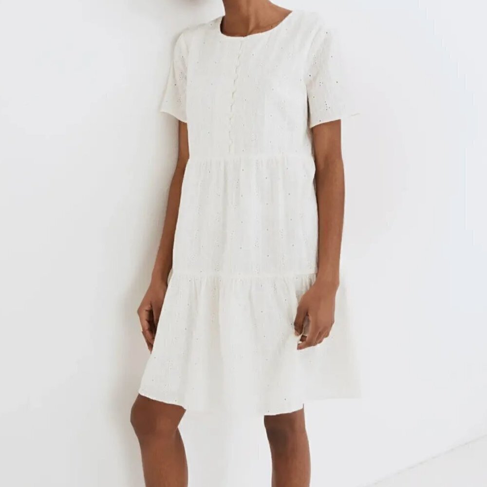 Madewell Embroidered Eyelet Button-Front Tiered Mini Wedding Ivory Dress Sz XS